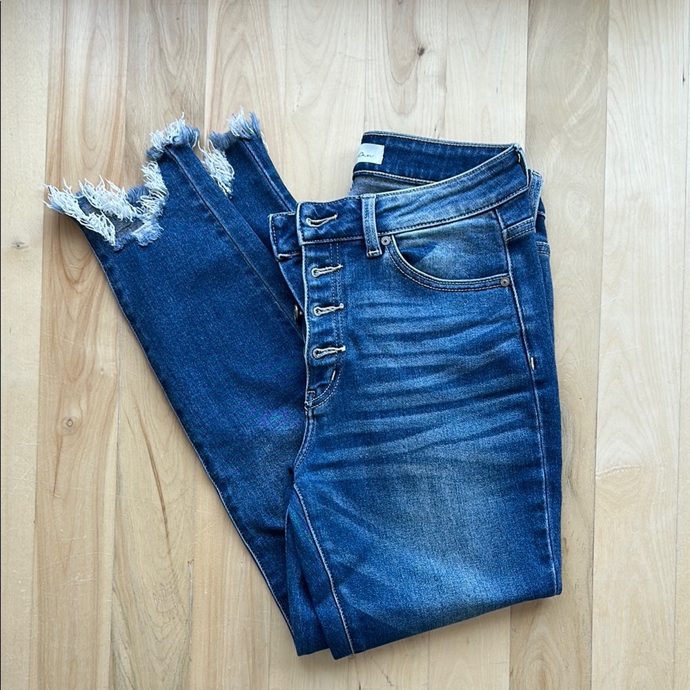KanCan Blue Ankle Cropped Jeans with Distressed Hem